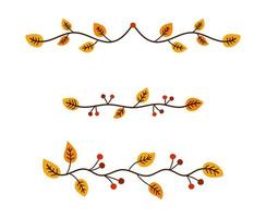 hand getekende herfst scheidingslijnen, randen ingesteld. decoratieve vectorlijnen met bladeren en seizoensgebonden bessen. doodle sierlijke boomtakken vector
