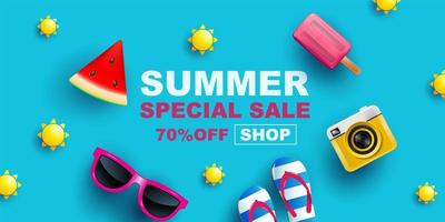 zomer verkoop banner met items op blauw vector