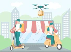 snelle levering per fiets en quadcopter op internet. online levering dienstverleningsconcept. stadslogistiek op stadsachtergrond. koerier, bezorger, bezorging door robot. vector