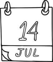 kalender hand getekend in doodle stijl. 14 juli. dag, datum. pictogram, stickerelement voor ontwerp. planning, zakenvakantie vector