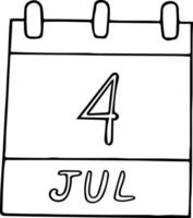 kalender hand getekend in doodle stijl. 4 juli internationale dag van de coöperaties, onafhankelijkheid, datum. pictogram, stickerelement voor ontwerp. planning, zakenvakantie vector