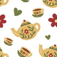 gezellige theepot met kopjes bloemen naadloos patroon vector