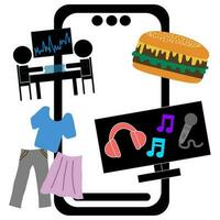 eten, winkelen, vergaderen of entertainment online bestellen via smartphone. vector