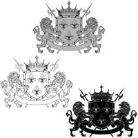 gekroond heraldisch schild met drie zilveren fleur-de-lys, geflankeerd door twee ongebreidelde leeuwen en hellebaarden vector