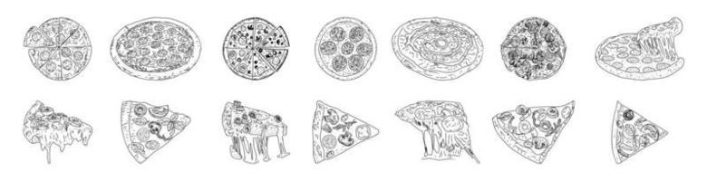 pizza set, schets stijl. bovenaanzicht. ontwerp sjabloon. vector