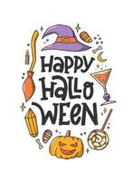happy halloween hand belettering citaat versierd met doodles voor wenskaarten, posters, uitnodigingen, banners, prenten, borden, enz. eps 10 vector