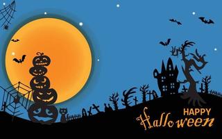 halloween verkoop banner horizontaal. vakantie promotie banner met vliegende geest, geest, zwarte spin en vleermuis, enge pompoen, zigzag en confetti op oranje achtergrond, vectorillustratie. vector