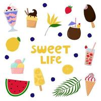 zoete zomercollectie. fruit, bessen, ijsjes, zomerdrankjes. ontwerpelementen voor poster, spandoek, print, wenskaart. vector