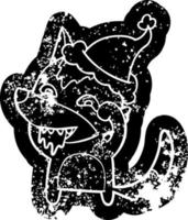 cartoon noodlijdende icoon van een hongerige wolf met een kerstmuts vector