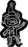 cartoon noodlijdende icoon van een rare alien die zwaait met een kerstmuts vector