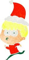 retro cartoon van een nieuwsgierige jongen die rent met een kerstmuts vector