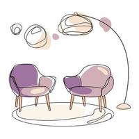 modern meubilair, twee fauteuils en een vloerlamp.ontwerp van woonkamer lounge place.vector interieur kamer hand tekenen in moderne minimalistische kunststijl.