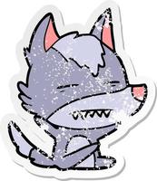 verontruste sticker van een cartoonwolf met tanden vector