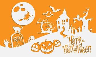 gelukkig halloween wit papier gesneden op oranje ontwerp voor vakantie nacht feest feestelijke achtergrond vector