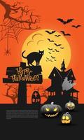 happy halloween trick or treat night party poster gele maan op oranje ontwerp voor vakantie festival viering vector