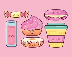 zes pictogrammen voor kawaii-desserts vector