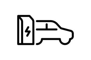 elektrische auto opladen in laadstation lineair zwart pictogram. elektrische auto power lading symbool. milieuvriendelijk elektrisch voertuig opladen teken. vector batterij aangedreven ev transport eps logo