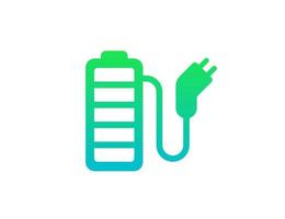 oplaadbare batterij met snoer en elektrisch oplaadconnectorpictogram. acculader plug groen verloopsymbool. elektriciteitsapparatuur powerbank lading teken. volledig opgeladen elektro-element. vector