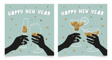 gelukkig nieuwjaar schattige wenskaarten, set van lijntekeningen illustraties vector design. uitnodiging voor feest. handen met wijn, champagne en cocktailglazen. proost