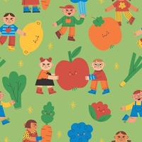 leuk tuinieren naadloos patroon. kinderen die groenten en fruit dragen. jongens en meisjes blij met de oogst. kleurrijk cartoonpatroonontwerp vector