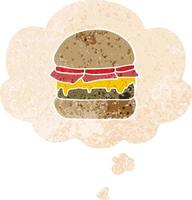 cartoon hamburger en gedachte bel in retro getextureerde stijl vector