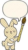 cartoon konijn en kwast en tekstballon in stripboekstijl vector