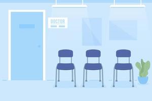 stoelen in dokter kantoor receptie kamer egale kleur vectorillustratie. afspraak medisch specialist. volledig bewerkbaar 2d eenvoudig cartooninterieur met kliniek op achtergrond vector