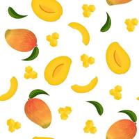 naadloze patroon met verse heldere exotische hele en gesneden mango geïsoleerd op een witte achtergrond. zomerfruit voor een gezonde levensstijl. biologisch fruit. cartoon-stijl. vectorillustratie voor elk ontwerp. vector