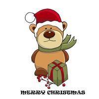 Kerstmis en Nieuwjaar schattig karakter. vectorillustratie van teddybeer in een groene sjaal en kerstmuts. wenskaart vector