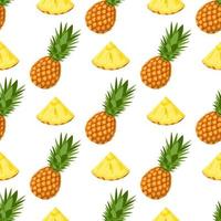 naadloze patroon met vers geheel en gesneden plakjes ananas fruit met bladeren op een witte achtergrond. zomerfruit voor een gezonde levensstijl. biologisch fruit. cartoon-stijl. vectorillustratie voor elk ontwerp. vector