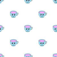 naadloze patroon met cup emoticons op witte achtergrond. kawaii doodle cups karakter met schattige anime-uitdrukkingen. vectorillustratie. vector