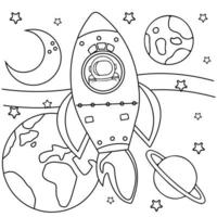 kleurplaat paginaoverzicht van een cartoon raket met astronaut in de ruimte. vector