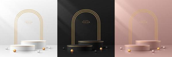 set van 3D-achtergrond met podium. zwart, goud, zilver en roze goud met luxe geometrische vormen zetten de toon. abstracte minimale wandscène voor weergave van mockupproducten. vector ronde podium voor showcase.