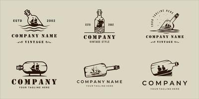 set van zeilschip binnen fles logo vintage vector illustratie sjabloon pictogram grafisch ontwerp. bundelverzameling van verschillende retro zeilboot miniatuurteken of symbool voor zaken of print t-shirt