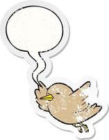 cartoon vogel vliegen en toespraak bubble verontruste sticker vector