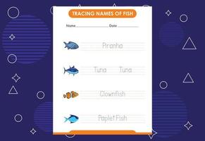de namen van vissen traceren. handschriftoefeningen voor kleuters vector