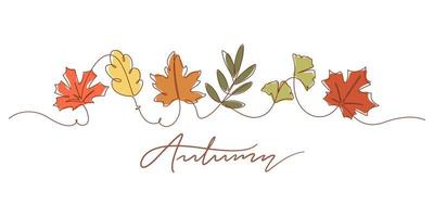 één lijntekening van herfstbladeren en herfsttypografie vector