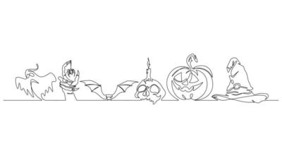 halloween elementen decoratie doorlopende lijntekening vector