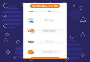 de namen van vissen traceren. handschriftoefeningen voor kleuters vector