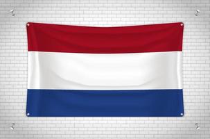 nederlandse vlag opknoping op bakstenen muur. 3D-tekening. vlag aan de muur. netjes in groepen tekenen op afzonderlijke lagen voor eenvoudige bewerking.