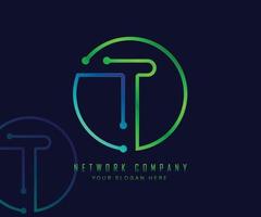 letter t in cirkel met netwerk-, technologie- en verbindingspuntconcept vector