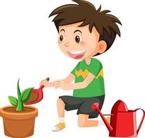 een jongen die in een aarden pot plant vector