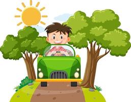 schattige jongen rijdende auto cartoon vector
