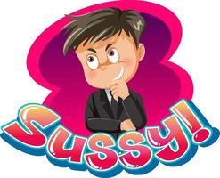 sussy tekst woord banner komische stijl met cartoon karakter expressie vector