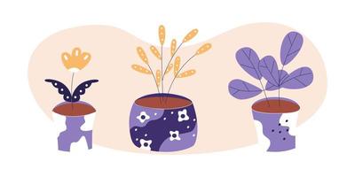 huisbloem en plant in elegante violette keramische pot. platte vectorillustratie in trendy kleuren, geïsoleerd op een witte achtergrond. vector