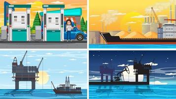 vier verschillende scènes uit de petroleumindustrie vector