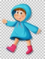 een jongen in blauwe regenjas op rasterachtergrond vector