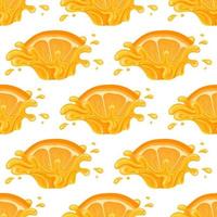 naadloze patroon met verse heldere sinaasappel, mandarijn of tagerine SAP splash burst geïsoleerd op een witte achtergrond. zomer vruchtensap. cartoon-stijl. vectorillustratie voor elk ontwerp. vector