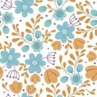 vector bloemen naadloze achtergrond. handgetekende platte eenvoudige trendy illustratie met oranje en blauwe bloemen en bladeren. herhalend patroon met weide, bos, bosplanten.