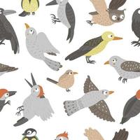 vector naadloze patroon van hand getekende plat grappige bos vogels. schattig herhaal achtergrond met uil, koekoek, raaf, specht, winterkoninkje, wielewaal. schattig ornithologisch ornament